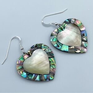 Abalone & Mother of Pearl Heart Earrings Sterling Silver Hooks,Ocean Glow Mosaic
